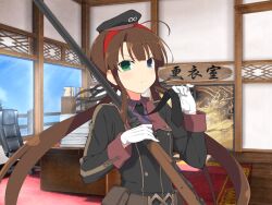  1girl adjusting_clothes adjusting_necktie ahoge architecture belt belt_pouch black_jacket black_necktie black_ribbon blue_eyes blue_sky blunt_bangs blush book bookshelf brown_belt brown_hair buttons chair closed_mouth clothes_grab crop_top day desk double-breasted east_asian_architecture flat_chest gloves green_eyes gun hair_ribbon hairband hat hebijo_academy_school_uniform heterochromia holding holding_gun holding_weapon indoors infinity_symbol jacket large_ribbon long_hair long_sleeves looking_at_viewer low_twintails military_hat navel necktie necktie_grab neckwear_grab office official_art paperwork pouch puffy_short_sleeves puffy_sleeves purple_shirt red_hairband ribbon rifle rug ryoubi_(senran_kagura) school_uniform senran_kagura senran_kagura_new_link shirt short_sleeves sidelocks sky sniper_rifle solo swivel_chair twintails upper_body v-shaped_eyebrows very_long_hair weapon white_gloves 