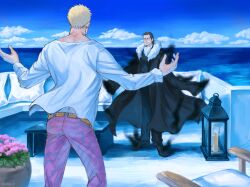  2boys arisue_kanako belt black_coat black_hair black_pants black_shoes blonde_hair blue_sky chair clouds coat commentary_request crocodile_(one_piece) day donquixote_doflamingo looking_at_viewer male_focus multiple_boys ocean one_piece outdoors pants purple_pants shirt shoes sky stitched_face stitches white_shirt 
