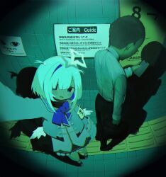  1boy 1girl amane_kanata amane_kanata_(1st_costume) armband bow cellphone commentary exit_sign feathered_wings hair_between_eyes halo highres holding holding_phone hololive jacket long_sleeves multicolored_hair open_mouth pants phone selfie shadow shirt sign smartphone standing star_halo subway_station the_exit_8 the_walking_man_(the_exit_8) two_side_up untranslatable_commentary virtual_youtuber wings wogyu 