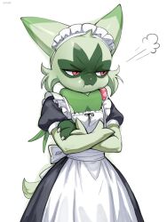  1girl :t absurdres animal_ears animal_hands animal_nose annoyed apron artist_name averting_eyes black_dress body_fur cat_ears cat_girl claws closed_mouth clothed_pokemon crossed_arms dress flat_chest floragato frilled_apron frills furrowed_brow furry furry_female green_fur half-closed_eyes highres long_dress looking_to_the_side maid_apron nephrite_(nephrite_fur) pokemon pokemon_(creature) puff_of_air puffy_cheeks puffy_short_sleeves puffy_sleeves red_eyes short_sleeves short_tail simple_background solo standing tail two-tone_fur v-shaped_eyebrows watermark white_apron white_background 