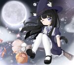  1girl :3 absurdres animal_ear_fluff animal_ears basket bell black_dress black_footwear black_gloves black_hair black_headwear blue_eyes broom broom_riding candy cat_ears cat_tail dress flying food full_moon gloves halloween hat highres jingle_bell long_hair mao_xin&#039;ai mary_janes moon night night_sky one_eye_closed original outdoors pantyhose ribbon shoes short_sleeves sitting sky smile solo star_(sky) starry_sky tail white_legwear witch_hat 