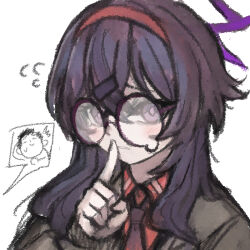  1boy 1girl blue_archive blush bright_pupils collared_shirt commentary_request doodle_sensei_(blue_archive) finger_to_mouth flying_sweatdrops glasses hair_between_eyes hair_ornament hairband halo haruka_(blue_archive) index_finger_raised jacket looking_at_viewer medium_hair necktie outline purple_hair purple_halo raised_inner_eyebrows red_hairband riseki round_eyewear sensei_(blue_archive) shirt shushing simple_background teardrop-framed_glasses thick_outlines violet_eyes white_background 