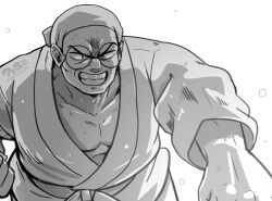  1boy clenched_teeth commentary_request dougi greyscale male_focus mature_male monochrome muscular muscular_male old old_man pectoral_cleavage pectorals ranma_1/2 round_eyewear saotome_genma solo teeth wanta_(futoshi) 
