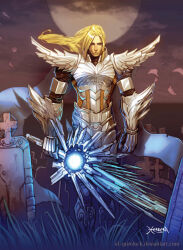  1boy artist_name blonde_hair blue_cape blue_eyes cape clawed_gauntlets clouds cloudy_sky crystal crystal_armor crystal_sword elgrimlock facing_viewer full_moon glowing glowing_sword glowing_weapon grass graveyard greatsword holding holding_sword holding_weapon long_hair looking_down moon night outdoors scar scar_across_eye scar_on_face siegfried_schtauffen sky soul_calibur_(crystal_greatsword) soulcalibur soulcalibur_iv sword tombstone weapon web_address wind 