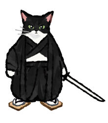  animal animal_focus black_kimono brown_sandals cat closed_mouth clothed_animal commentary english_commentary full_body gentlecat geta green_eyes highres holding holding_sword holding_weapon japanese_clothes kimono no_humans original sandals simple_background socks solo standing sword tabi weapon whiskers white_background white_socks 