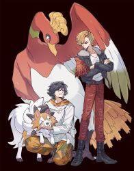  2boys animification ankh_(ooo) belt black_background black_boots black_hair boots braid brown_eyes brown_hair chinese_commentary clenched_teeth closed_mouth commentary_request commission crossed_arms crossover full_body fur_trim highres hino_eiji ho-oh jacket kamen_rider kamen_rider_ooo_(series) kei_(momojellyfish) layered_clothes long_sleeves looking_at_another lycanroc lycanroc_(midday) male_focus multiple_boys on_one_knee open_clothes open_jacket pants pokemon pokemon_(creature) red_eyes red_pants shirt shoelaces short_hair simple_background smile standing teeth torn_clothes torn_pants white_shirt 