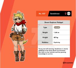  1girl animal_ear_hairband animal_ears backpack bag bandaged_arm bandages belt belt_pouch blonde_hair brown_shorts character_name character_profile deviantart_logo deviantart_username english_text fake_animal_ears freckles full_body hairband height highres looking_at_viewer neckerchief orange_background personification pokedex_number pokemon ponytail pouch red_neckerchief sandshrew shirt shorts tail taruyamame torn_clothes venus_symbol weight white_shirt 