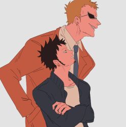  2boys black_hair blue_necktie chacoma collared_shirt commentary_request crossed_arms donquixote_doflamingo earrings facial_hair goatee grey_background grid_teeth hands_in_pockets highres jacket jewelry long_sideburns male_focus multiple_boys necktie one_piece orange_jacket shirt short_hair sideburns sunglasses trafalgar_law upper_body white_shirt 