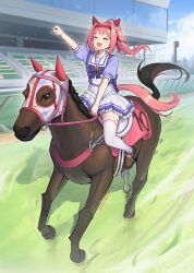  1girl :d ^_^ absurdres akaharuu animal animal_ears blue_sky blush bow brown_shoes building clenched_hand closed_eyes clouds commentary creature_and_personification day ear_bow ear_covers floating_hair frilled_skirt frills hairband haru_urara_(racehorse) haru_urara_(umamusume) headband highres horse horse_ears horse_girl horse_racing horse_racing_track horse_tail horseback_riding long_hair open_mouth outdoors outstretched_arm personification pink_hair pink_headband pleated_skirt ponytail puffy_short_sleeves puffy_sleeves purple_bow purple_shirt real_life red_headband riding sailor_collar sailor_shirt school_uniform shirt shoes short_sleeves skirt sky smile tail thigh-highs tracen_school_uniform umamusume white_skirt white_thighhighs 