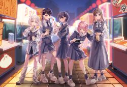  5girls absurdres bang_dream! bang_dream!_it's_mygo!!!!! black_hair black_shorts blue_eyes brown_eyes brown_hair bubble_tea camera chihaya_anon closed_mouth commentary_request doki_(oox3o) eating fang festival food grey_hair grey_jacket grey_shorts grey_socks hair_ornament heterochromia highres holding holding_camera holding_food jacket kaname_raana leg_warmers long_hair multiple_girls mygo!!!!!_(bang_dream!) nagasaki_soyo open_mouth pink_hair pleated_skirt shiina_taki shoes short_hair shorts sidelocks skirt socks takamatsu_tomori violet_eyes w white_hair white_leg_warmers white_shoes yellow_eyes 