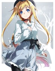  1girl absurdres alice_zuberg black_bow black_choker black_hat black_pantyhose blonde_hair blue_eyes blush bow choker hat highres long_hair looking_at_viewer pantyhose skirt standing sword_art_online sword_art_online:_alicization yoru_kiri 