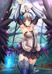  1girl adsouto armor armored_dress bare_shoulders blue_eyes breasts choker crown dress eyebrows_visible_through_hair frown gwendolyn_(odin_sphere) hair_ornament highres holding holding_spear holding_weapon multicolored multicolored_wings odin_sphere polearm short_hair silver_hair spear strapless strapless_dress thigh-highs valkyrie violet_eyes weapon white_hair wings 