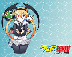  1girl alisa_southerncross black_eyes blue_background blue_eyes copyright_name dororo_(keroro_gunsou) dress frog giroro glasses hat headphones keroro keroro_gunsou kururu_(keroro_gunsou) long_hair looking_at_viewer mask mouth_mask neck_ribbon ninja_mask official_art official_wallpaper orange_hair pantyhose red_eyes ribbon simple_background star_(symbol) tamama twintails yoshizaki_mine 