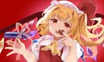  1girl :p ascot blonde_hair blush bow box candy chocolate chocolate_heart commentary_request crystal dutch_angle eyebrows_visible_through_hair finger_to_mouth flandre_scarlet food gift gift_box gradient gradient_background hat hat_bow haya_taro_pochi heart holding holding_chocolate holding_food looking_at_viewer mob_cap puffy_short_sleeves puffy_sleeves red_background red_eyes red_vest short_hair short_sleeves simple_background slit_pupils solo tongue tongue_out touhou upper_body vest white_headwear wings yellow_neckwear 