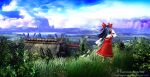  1girl black_hair clouds detached_sleeves gensoukyou gohei grass hair_ribbon hakurei_reimu japanese_clothes landscape long_hair miko misty_lake ribbon scenery sky solo straw_roof tokotanu torii touhou wooden_house youkai_mountain 