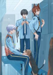  18trip 22kolink 3boys animal_ears black_hair blue_pants blue_shirt dog hair_between_eyes highres index_finger_raised indoors kemonomimi_mode locker locker_room long_sleeves male_focus mole mole_under_eye multiple_boys multiple_moles murakumo_ten nishizono_renga oguro_kafka pants pointing pointing_at_self purple_hair red_hair shirt shirt_tucked_in short_hair sitting standing tile_wall tiles 