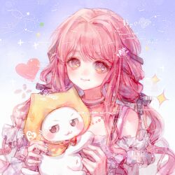  1girl animal baigu_fengling barcode bare_shoulders bead_necklace beads blue_background bow bowtie brown_eyes cat choker cloak closed_mouth clothed_animal clothing_cutout collarbone commission dot_nose ear_covers eyelashes frilled_sleeves frills gradient_background happy heart heart_in_eye highres holding holding_animal holding_cat hood hood_up hooded_cloak infinity_nikki jewelry light_blush lips long_hair long_sidelocks long_sleeves low_twintails momo_(nikki) navel necklace nikki_(nikki) nikki_(series) perfect_start_(infinity_nikki) pink_choker pink_hair pink_lips red_bow red_bowtie sample_watermark shirt shoulder_cutout sidelocks single_stripe smile sparkle square_neckline striped_choker symbol_in_eye too_many_watermarks traditional_bowtie twintails two-tone_background upper_body very_long_hair watermark watermark_grid wavy_hair white_background white_cat white_shirt yellow_cloak 