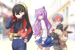 3girls :d animal_ears backpack bag belt belt_buckle black_hair blue_skirt brown_bag brown_vest buckle buttons carmine_(pokemon) character_request closed_mouth commentary_request day distracted_boyfriend_(meme) fanny_pack glasses gloves hairband hand_on_own_hip hand_up highres holding holding_poke_ball jacket long_hair long_sleeves meme multicolored_hair multiple_girls open_mouth outdoors pants penny_(pokemon) poke_ball poke_ball_(basic) pokemon pokemon_sv purple_hair red_gloves round_eyewear see-through_clothes see-through_skirt shirt short_hair single_glove skirt smile two-tone_hair vest white_belt white_shirt yellow_bag yellow_hairband zhen_xionggui
