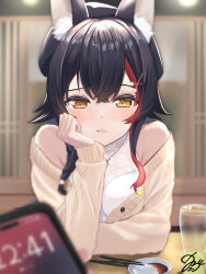  1girl 1other absurdres animal_ear_fluff animal_ears arm_on_table bare_shoulders beer_glass beret black_hair black_hat blurry blurry_background blurry_foreground braid breasts brown_cardigan cardigan cellphone chopsticks collared_halterneck commentary_request crossed_bangs double-parted_bangs elbow_on_table hair_ornament halter_shirt halterneck hand_on_own_face hat head_on_hand head_rest highres hishaku_(7stel2ar) hololive light_blush looking_at_viewer medium_breasts medium_hair multicolored_hair off-shoulder_cardigan ookami_mio ookami_mio_(street) open_mouth phone pov red_streaks saucer see-through_cleavage see-through_clothes shirt side_braid sleeveless sleeveless_shirt smartphone straight-on streaked_hair two-tone_hair virtual_youtuber white_shirt wolf_ears x_hair_ornament yellow_eyes 