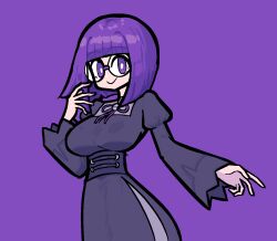  1girl black_corset black_dress blunt_bangs bob_cut breasts corset cosplay dress glasses hex_maniac_(pokemon) hex_maniac_(pokemon_legends:_z-a) hex_maniac_(pokemon_legends:_z-a)_(cosplay) highres juliet_sleeves large_breasts long_sleeves medium_breasts medium_hair pokemon pokemon_bw pokemon_legends:_z-a puffy_sleeves purpienamako purple_dress purple_hair rimless_eyewear round_eyewear shauntal_(pokemon) 