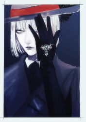  1boy black_gloves blonde_hair bob_cut gem gloves green_eyes green_gem hand_jewel hand_over_eye hand_up hat hat_feather highres long_sleeves makeup male_focus ntmn_nmtw one_eye_closed pale_skin pomefiore_dorm_uniform purple_robe robe rook_hunt short_hair simple_background twisted_wonderland 