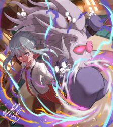  1girl absurdres annihilape arms_behind_back aura clenched_hands collared_shirt commentary english_commentary eyelashes glasses grey_hair highres indoors long_sleeves maushold maushold_(family_of_four) mochachiiino naranja_academy_school_uniform necktie open_mouth orange_necktie orange_pants pants pokemon pokemon_(creature) pokemon_sv round_eyewear school_uniform shirt sidelocks signature smile suspenders teeth violet_eyes white_shirt window 