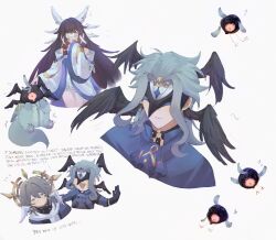  1girl 2boys ? ?? ascot bare_shoulders black_gloves black_hair black_mask black_wings blue_ascot blue_hair blue_shirt choker closed_eyes closed_mouth columbina_(genshin_impact) commentary cropped_legs cropped_shoulders dottore_(genshin_impact) dress earrings english_commentary english_text eye_mask genshin_impact gloves grey_hair hair_between_eyes halo halo_behind_head head_wings highres honkai:_star_rail honkai_(series) jewelry long_hair long_sleeves mask medium_hair mihoyo multicolored_hair multiple_boys multiple_wings nahidadoodler o-ring o-ring_choker open_mouth purple_hair shirt simple_background single_earring smile sunday_(honkai:_star_rail) thigh_strap very_long_hair white_background white_dress white_wings wings yellow_eyes 