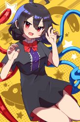  1girl ahoge asymmetrical_wings black_dress blue_wings blush bow bowtie breasts brown_hair center_frills commentary dress fang frills highres houjuu_nue kasuokasuto looking_at_viewer medium_hair open_mouth red_bow red_bowtie red_eyes red_wings short_sleeves small_breasts smile snake_print solo star_(symbol) touhou ufo_print wings yellow_background 