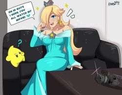  1girl ? absurdres aqua_dress aqua_eyes bare_shoulders blonde_hair breasts dress earrings english_commentary english_text hair_over_one_eye highres jewelry karbuitt long_hair long_sleeves luma_(mario) off-shoulder_dress off_shoulder open_mouth rosalina silver_crown smile star_(symbol) star_earrings super_mario_bros. super_mario_galaxy the_super_mario_galaxy_movie 
