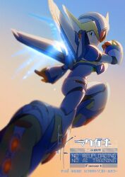  1boy armor blue_background commentary_request falcon_armor_x_(mega_man) forehead_jewel from_behind helmet male_focus mechanical_arms mega_man_(series) mega_man_x_(series) midair petals solo to_i_to_io white_armor white_helmet x_(mega_man) 