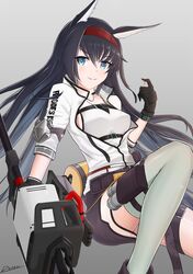  1girl :3 absurdres animal_ears arknights arm_up bangs belt black_gloves black_hair black_skirt blaze_(arknights) blood blood_on_fingers blue_eyes boots breasts brown_belt brown_footwear cat_ears chainsaw clothes_writing denkouseka_akaiken english_commentary feet_out_of_frame gloves grey_background grey_legwear hair_between_eyes hairband highres knee_pads knee_up large_breasts long_hair long_sleeves looking_at_viewer microskirt pouch red_hairband simple_background single_thighhigh sitting skirt smile solo thigh-highs thighs underwear very_long_hair 