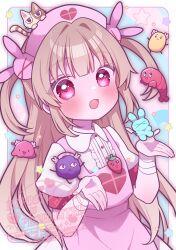  1girl :d bandaged_wrist bandages blush border brown_hair commentary_request dress fang hair_intakes hat highres long_hair looking_at_viewer natori_sana natori_sana_(nurse) nurse_cap open_mouth pinafore_dress pink_dress red_eyes sana_channel shirt sidelocks skin_fang sleeveless sleeveless_dress smile solo umecha_0 upper_body virtual_youtuber watermark white_border white_shirt 