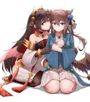  2girls :o absurdres animal_ears bangs black_gloves black_hair blue_eyes blue_robe breasts brown_hair character_request choker collarbone colored_inner_hair crossed_arms dress flower gloves hair_between_eyes hair_flower hair_ornament hands_on_another&#039;s_arms highres jewelry kafeifeifeifeifeifei_jiemo_jun kneeling long_hair looking_at_viewer lucia_(punishing:_gray_raven) medium_breasts mole mole_under_eye multicolored_hair multiple_girls necklace pantyhose pleated_dress punishing:_gray_raven red_eyes redhead sidelocks simple_background tail toes white_background white_dress wide_sleeves 