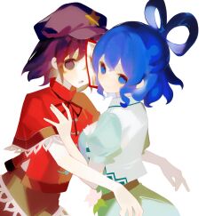  2girls absurdres blue_dress blue_eyes blue_hair breasts brown_skirt closed_mouth commentary_request dress feixianji_(hairstyle) from_side hair_rings hand_on_another's_chest hand_up hat highres kaku_seiga looking_at_viewer maggie751121 medium_breasts miyako_yoshika multiple_girls newsboy_cap ofuda ofuda_on_head open_mouth outstretched_arms purple_hair purple_hat red_shirt shirt short_hair short_sleeves simple_background skirt smile touhou turn_pale upper_body vest violet_eyes white_background white_vest zombie_pose 