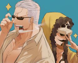  2boys adam's_apple chacoma cigar commentary_request facial_hair fake_facial_hair fake_mustache goatee grey_hair highres hood hood_up male_focus multiple_boys one_piece pectoral_cleavage pectorals short_hair simple_background smoker_(one_piece) smoking sparkle stitched_face stitches sunglasses trafalgar_law upper_body 