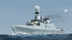  absurdres commentary_request highres kudryavka_trop military military_vehicle missile no_humans ocean original outdoors ship ship_turret signature twitter_username warship watercraft 