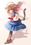  1girl ahoge animal_ears black_footwear black_legwear blue_skirt blush brown_eyes brown_hair cat_ears cat_tail full_body jumping kawanobe long_sleeves original pantyhose school_uniform serafuku shadow shirt simple_background skirt solo tail uniform white_shirt 