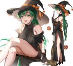  1girl absurdres asymmetrical_bangs bangs bare_shoulders black_dress blush breasts broom broom_riding dress fire_emblem fire_emblem:_the_blazing_blade green_eyes green_hair halloween hat high_ponytail highres large_breasts long_hair looking_at_viewer lyn_(fire_emblem) multiple_views open_mouth ormille ponytail simple_background sitting smile white_background witch_hat 