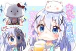  1girl absurdres angora_rabbit animal_on_head apple_juice bangs beer_mug black_dress blue_background blue_dress blue_eyes blue_hair blush chibi commentary_request cropped_torso cup dirndl dress eyebrows_visible_through_hair foam_mustache german_clothes gochuumon_wa_usagi_desu_ka? hair_between_eyes hair_ornament hands_up highres holding holding_cup jako_(jakoo21) kafuu_chino long_hair looking_at_viewer mug multiple_views on_head rabbit shirt short_sleeves sleeveless sleeveless_dress tippy_(gochiusa) translation_request two-tone_background two_side_up upper_body very_long_hair white_background white_shirt x_hair_ornament 