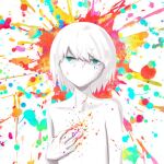 1boy avogado6 blue_eyes clutching_chest colorful looking_at_viewer male_focus no_mouth nude original paint_on_face paint_splatter short_hair solo white_hair white_skin 