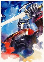  autobot english_commentary holding holding_sword holding_weapon itoscaresme looking_up mecha mecha_focus no_humans optimus_prime painting_(medium) robot science_fiction solo sword traditional_media transformers transformers:_generation_1 watercolor_(medium) weapon yellow_eyes 