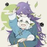  2boys absurdres animal_ears blue_menouu cat_ears eyebrows_visible_through_hair fang fengxi_(the_legend_of_luoxiaohei) green_eyes hair_over_one_eye highres hug leaf long_hair long_sleeves luoxiaohei multiple_boys open_mouth pointy_ears purple_hair short_hair smile the_legend_of_luo_xiaohei upper_body violet_eyes white_hair 
