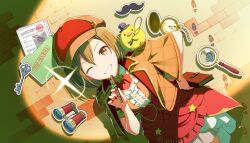  1girl baby_animal bird brown_eyes brown_hair brown_hat center_frills chick coat coat_on_shoulders collared_shirt colorful_palette corset cropped_coat detective dot_nose double-parted_bangs dutch_angle fake_facial_hair fake_mustache fingernails folder frills game_cg grin hair_between_eyes hand_on_own_hip hat hat_ornament highres holding holding_notebook holding_pen key lapels layered_skirt looking_at_viewer magnifying_glass meiko_(vocaloid) nail_polish newsboy_cap nib_pen_(object) notched_lapels notebook official_art one_eye_closed open_clothes open_coat orange_shirt paper_stack pen project_sekai red_corset red_hat red_nails red_skirt shirt short_hair short_sleeves skirt smile solo sparkle star_(symbol) star_hat_ornament third-party_source two-tone_hat vocaloid wonderlands_x_showtime_meiko zansho_no_inside_direction_(project_sekai) 
