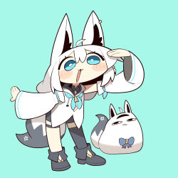  <o>_<o> 1girl absurdres ahoge:3 animal_ear_piercing animal_ears aqua_background aqua_eyes asymmetrical_legwear blue_bow bow cocomayo29_(tomato) commentary_request detached_sleeves fox_ears fox_girl fox_tail hair_between_eyes highres hololive korean_commentary long_hair long_sleeves looking_at_another looking_to_the_side miteiru_(shirakami_fubuki) open_mouth pentagram shirakami_fubuki shirakami_fubuki_(1st_costume) simple_background tail virtual_youtuber white_hair 