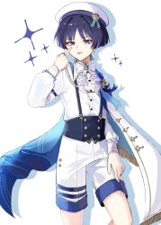  1boy :p aiguillette akanbe black_corset black_hair blue_bow blue_cape blue_gem blue_trim blunt_ends bow bright_pupils brooch cape choppy_bangs corset cowboy_shot earrings eyelid_pull eyeliner fafa_nofa3 finger_to_eye fingernails formal_clothes fringe-trimmed_cape gem genshin_impact gold gold_earrings hair_intakes hand_on_own_thigh hat highres index_finger_raised jewelry long_sleeves looking_at_viewer makeup male_focus multicolored_hair official_alternate_hairstyle parted_bangs purple_hair red_eyeliner sailor_hat scaramouche_(genshin_impact) shorts solo streaked_hair suspender_corset tongue tongue_out tsurime two-sided_cape two-sided_fabric violet_eyes vision_(genshin_impact) wanderer_(genshin_impact) wanderer_(resplendent_feast)_(genshin_impact) white_background white_cape white_hat white_pupils white_shorts white_sleeves white_trim 