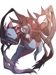  black_sclera colored_sclera commentary dragon fangs highres hydreigon multiple_heads no_humans open_mouth pokemon pokemon_(creature) pokemon_focus shibaban7 simple_background solo tongue tongue_out untranslatable_commentary white_background wings 