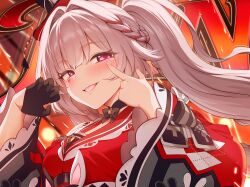  1girl bell black_gloves black_hat braid cropped diamond_(shape) diamond_facial_mark facial_mark finger_to_eye frills gloves half_gloves hat heart heart_facial_mark highres honkai:_star_rail honkai_(series) long_hair long_sleeves looking_at_viewer m-da_s-tarou mark_under_both_eyes mini_hat mini_top_hat pink_eyes single_glove solo sparkle_(honkai:_star_rail) sparxie_(honkai:_star_rail) tongue tongue_out top_hat twintails upper_body white_hair wide_sleeves 