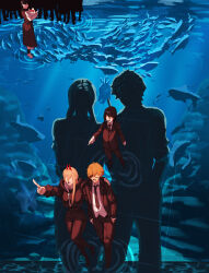  1boy absurdres black_hair blonde_hair braid breasts bucky_(chainsaw_man) chainsaw_man commentary demon_horns denji_(chainsaw_man) dress english_commentary fourth_east_high_school_uniform hair_between_eyes highres hood hoodie horns kaosottehkob long_hair mitaka_asa nayuta_(chainsaw_man) pochita_(chainsaw_man) pointing power_(chainsaw_man) red_horns ripples school_uniform shirt short_hair single_braid twintails walking walking_on_liquid water 