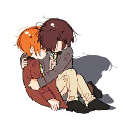  2boys ahoge axis_powers_hetalia book_emoji_(xhs_1098591604) brothers brown_coat brown_hair brown_pants chinese_commentary closed_eyes coat commentary_request flag_print flag_print_necktie full_body grey_jacket highres hug italian_flag italian_flag_print jacket knees_up messy_hair multiple_boys necktie northern_italy_(hetalia) orange_hair pants pieta siblings simple_background sitting southern_italy_(hetalia) striped_clothes vertical-striped_clothes vertical-striped_necktie white_background yellow_pants 