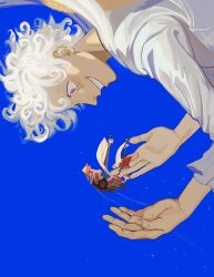  1boy absurdres blue_background commentary from_side gear_fifth giant grin highres male_focus monkey_d._luffy one_piece open_hand parted_lips pirate_ship profile scar scar_on_cheek scar_on_face shirt short_hair smile solo thousand_sunny transformation upper_body white_hair white_shirt yao_yasan 